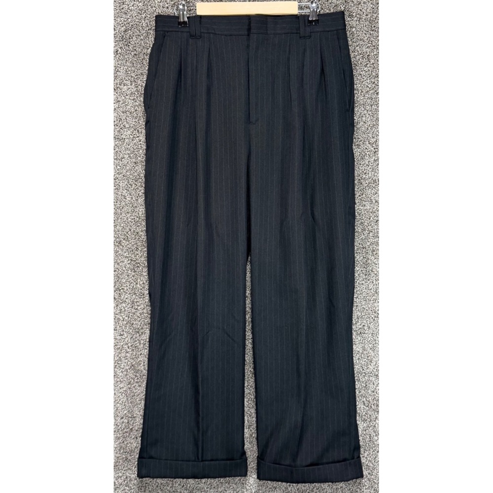 Smokey Joe's Dress Pants Mens 32*x28 Black Pinstripe Cuffed Pleated Wide-Leg